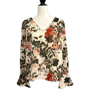 Smashed Lemon Floral Print Long Sleeve V‎ Neck Blouse Women's Size 8